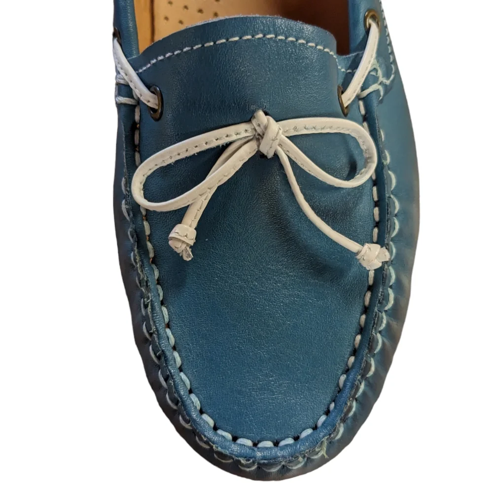 L.L. Bean Turquoise Teal Green Leather Slip On Boat Shoes Moccasins Size… - Picture 5 of 10
